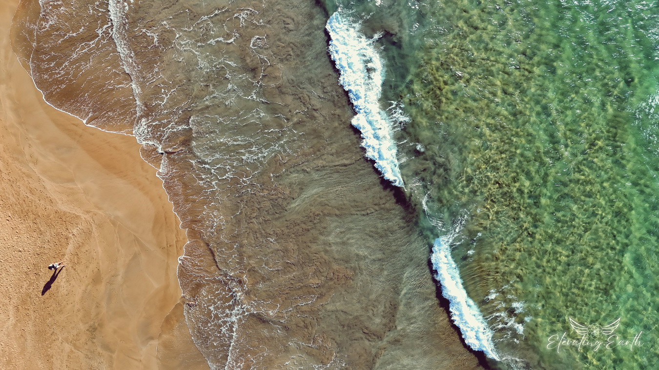 An aerial view shows a sandy beach meeting the ocean, with waves crashing along the shoreline and a lone figure standing on the sand. The water transitions from a murky brown near the shore to a clear turquoise further out. Photo by Danielle Grenadier.
