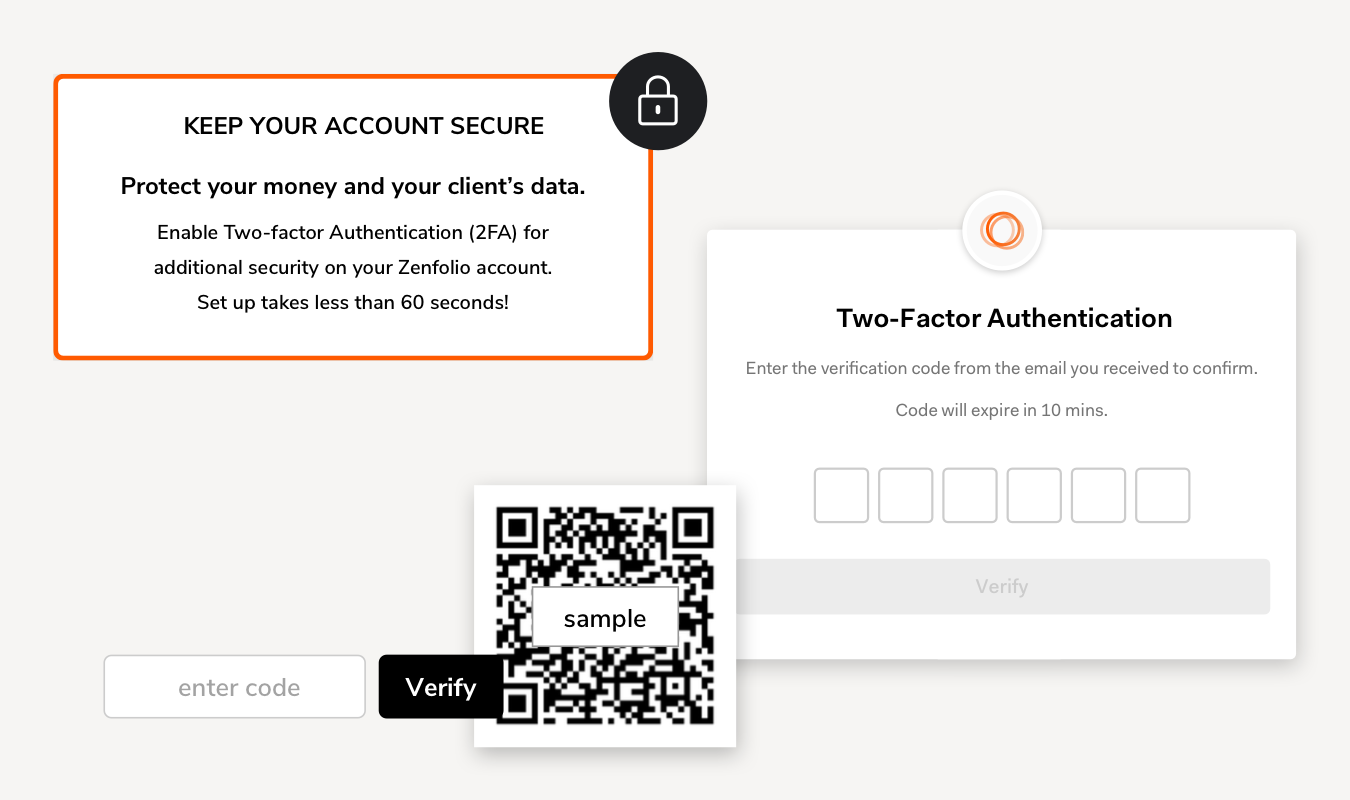 The image shows a Two-Factor Authentication setup screen, prompting the user to enter a verification code received via email, with a QR code and an option to manually enter the code. The screen emphasizes account security and the quick setup process.