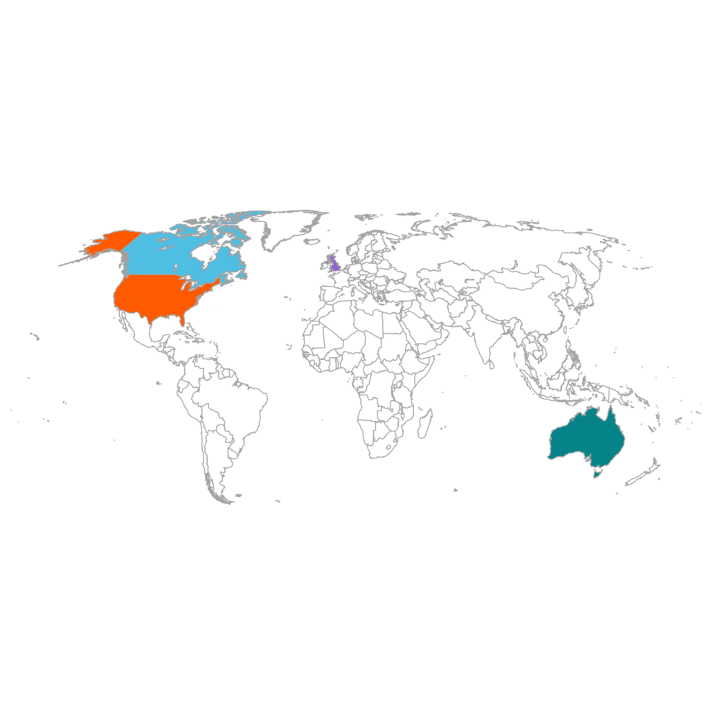 A world map with the United States colored orange, Canada colored light blue, the United Kingdom colored purple, and Australia colored teal. The rest of the world is outlined in gray.