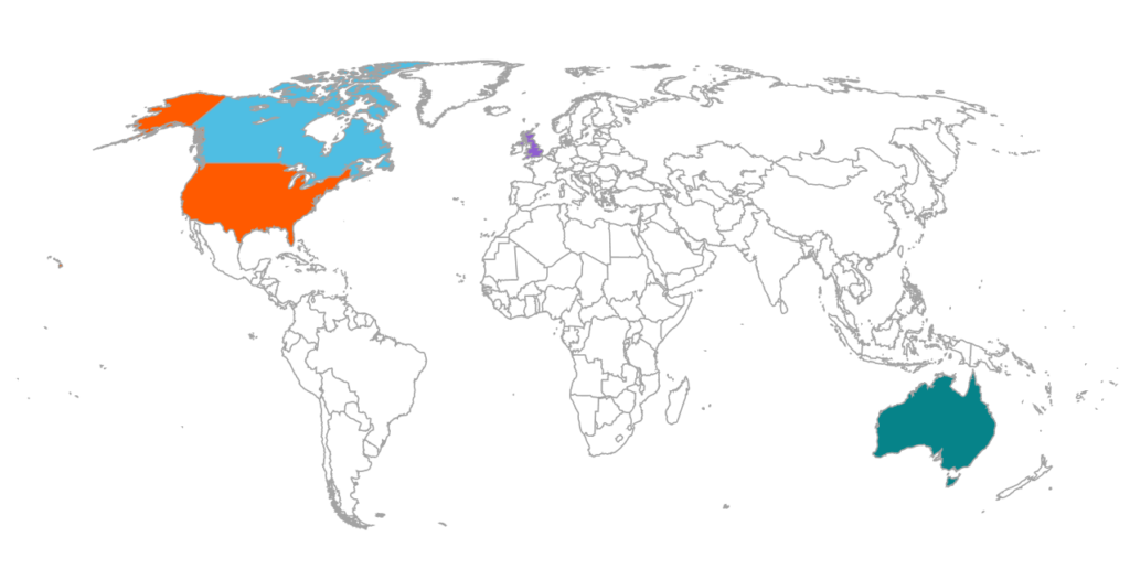 A world map with the United States highlighted in orange, Canada in light blue, the United Kingdom in purple, and Australia in teal. The rest of the world is outlined in gray.
