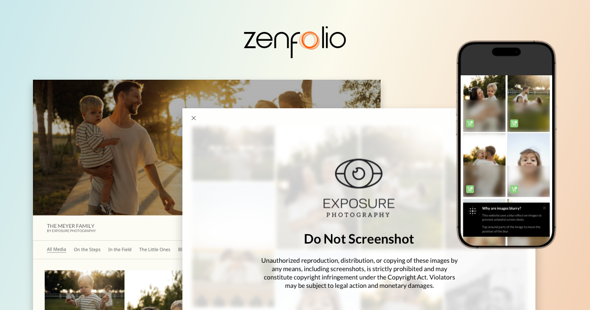 An advertisement for Zenfolio displays a desktop website and a mobile phone screen showing blurred family photos with a "Do Not Screenshot" warning overlay to prevent unauthorized image copying.