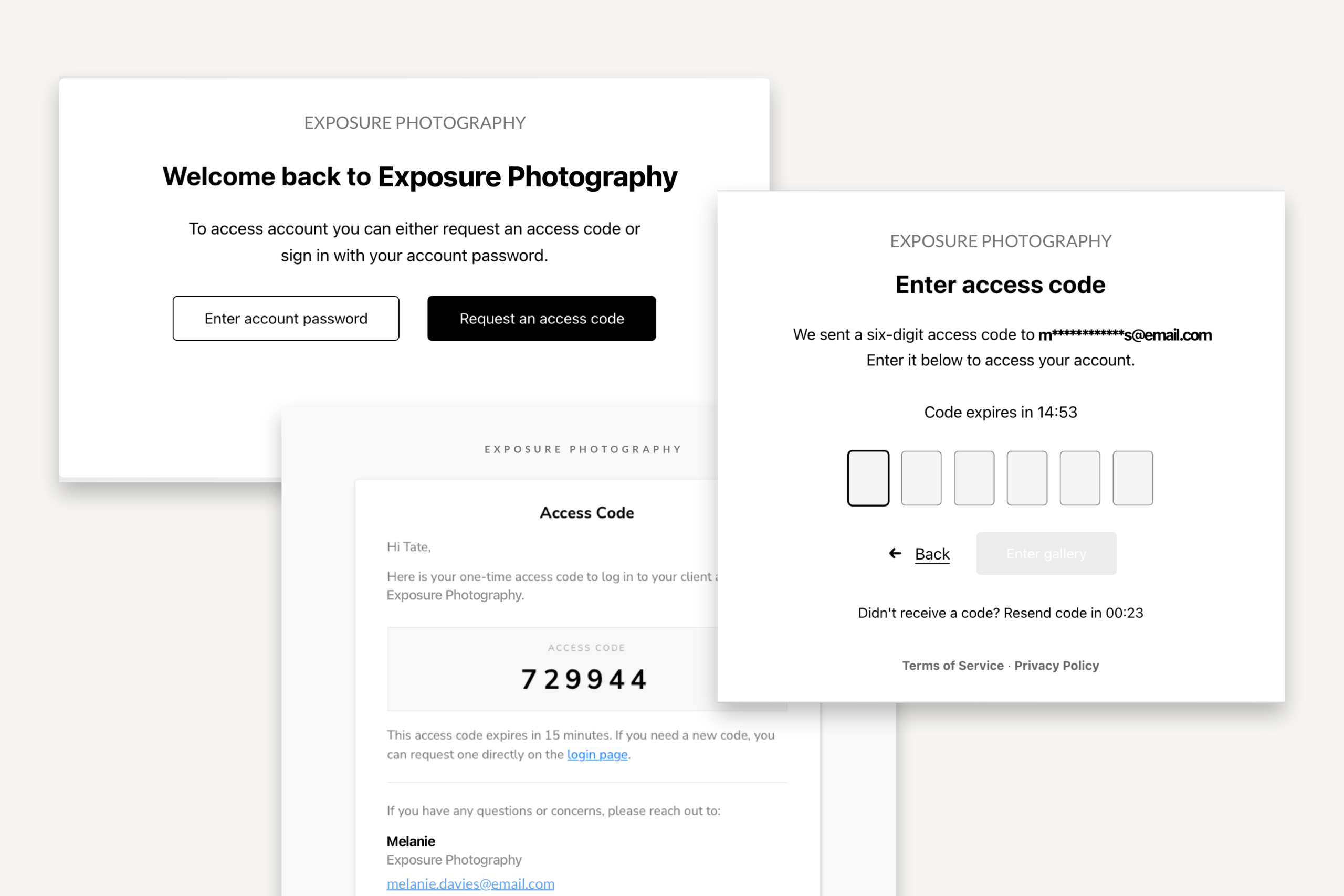 A diagram illustrates the user flow for logging into Exposure Photography, showing a welcome screen with options to enter a password or request an access code, an email notification containing a six-digit code, and a verification screen to enter the code.
