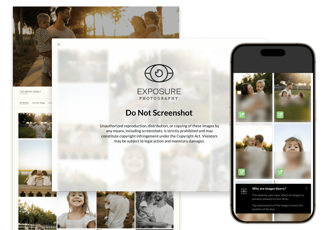 An illustration of a digital photography proofing system shows a desktop screen and a mobile phone displaying a "Do Not Screenshot" warning overlay and partially blurred family photos to prevent unauthorized image copying.