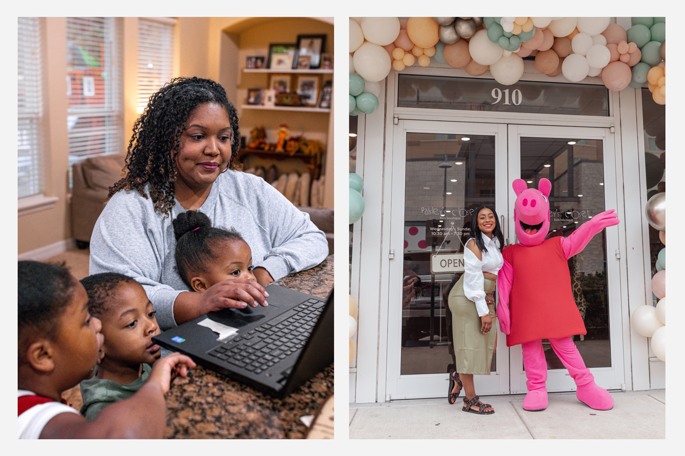 A side-by-side diptych shows a woman and three young children looking at a laptop on the left, and a woman posing next to a Peppa Pig mascot outside a boutique decorated with balloons on the right.