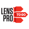 The Lens Pro To Go logo features the words LENS PRO in a bold, black sans-serif font next to three stacked red arrow shapes pointing to the right, with the middle arrow containing the words TO GO in white.