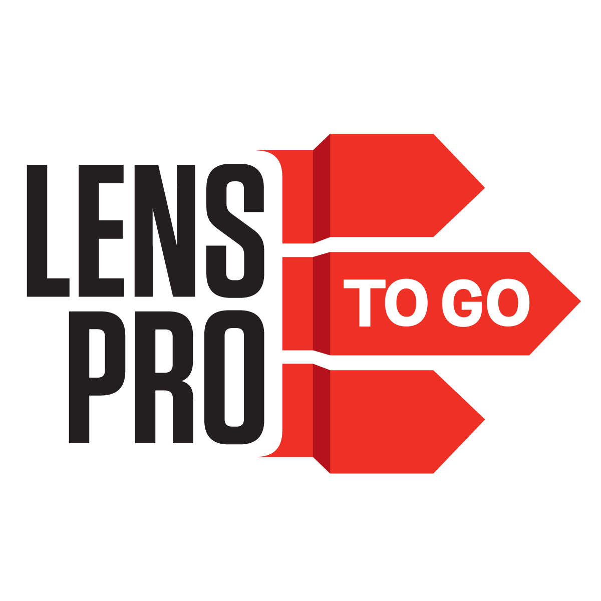The Lens Pro To Go logo features the bold black text LENS PRO stacked vertically next to three horizontal red arrow shapes pointing to the right, with the middle arrow containing the white text TO GO.