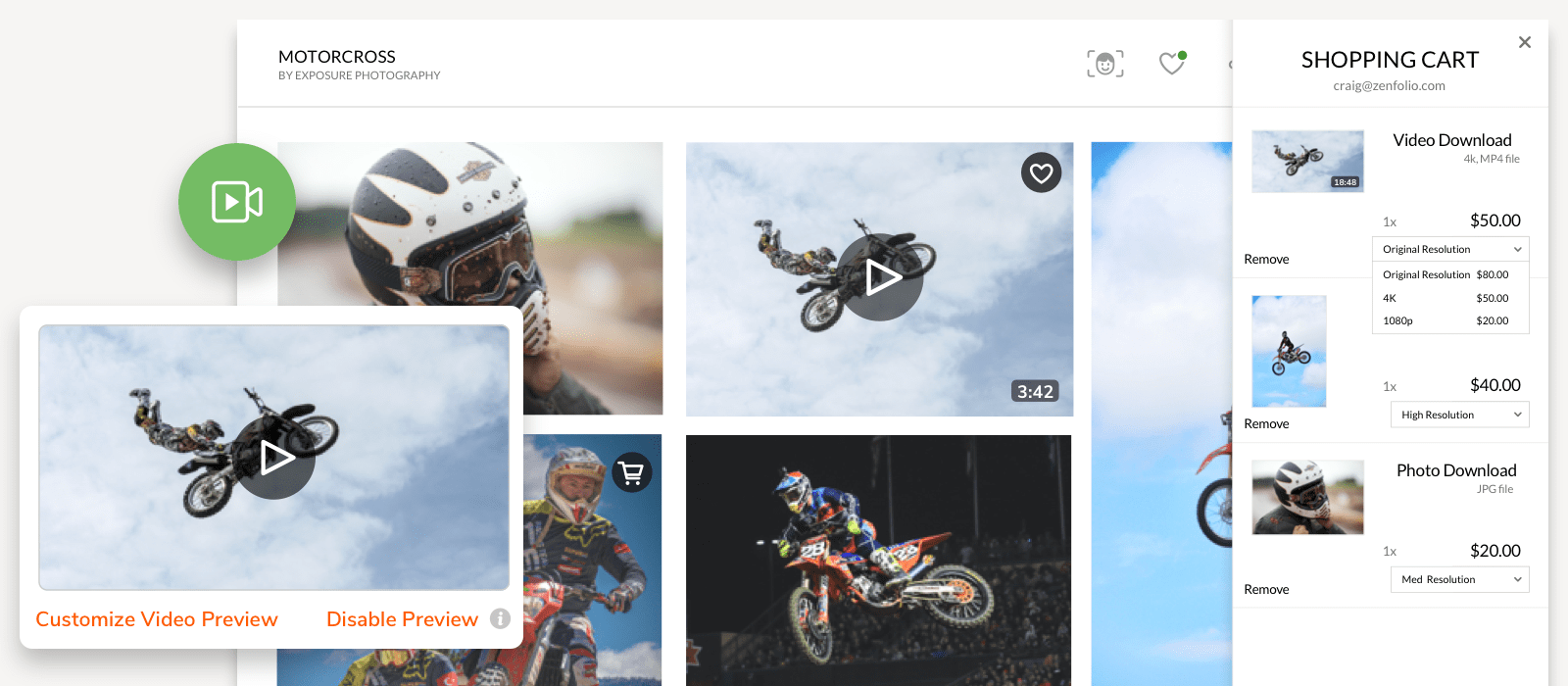 A website interface displays a gallery of motocross photos and videos, featuring a video preview overlay on the left and an open shopping cart sidebar on the right showing selected digital downloads.