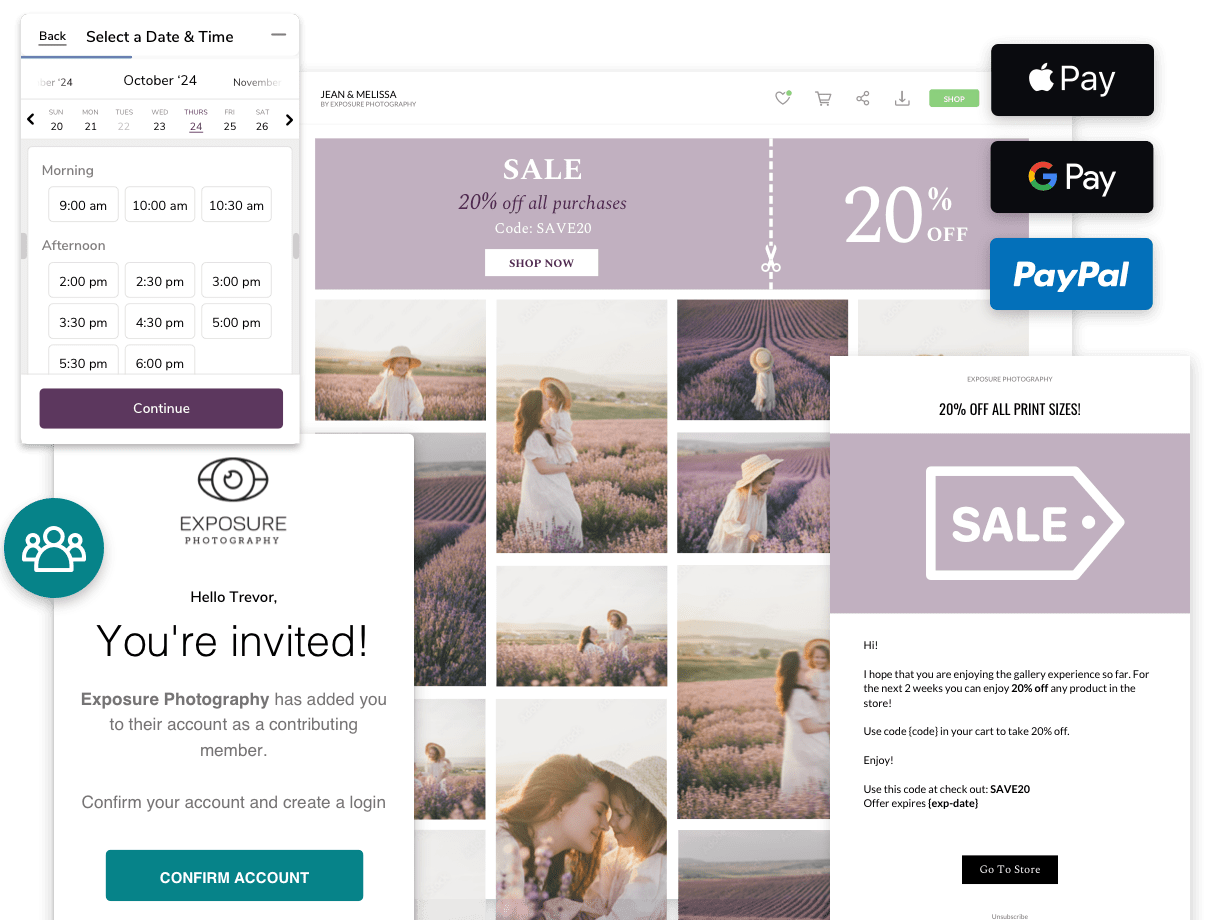 A collage of user interface elements for a photography service, featuring a booking calendar, a lavender-themed photo gallery with a 20% off sale banner, payment options for Apple Pay, Google Pay, and PayPal, and an email invitation to join Exposure Photography.
