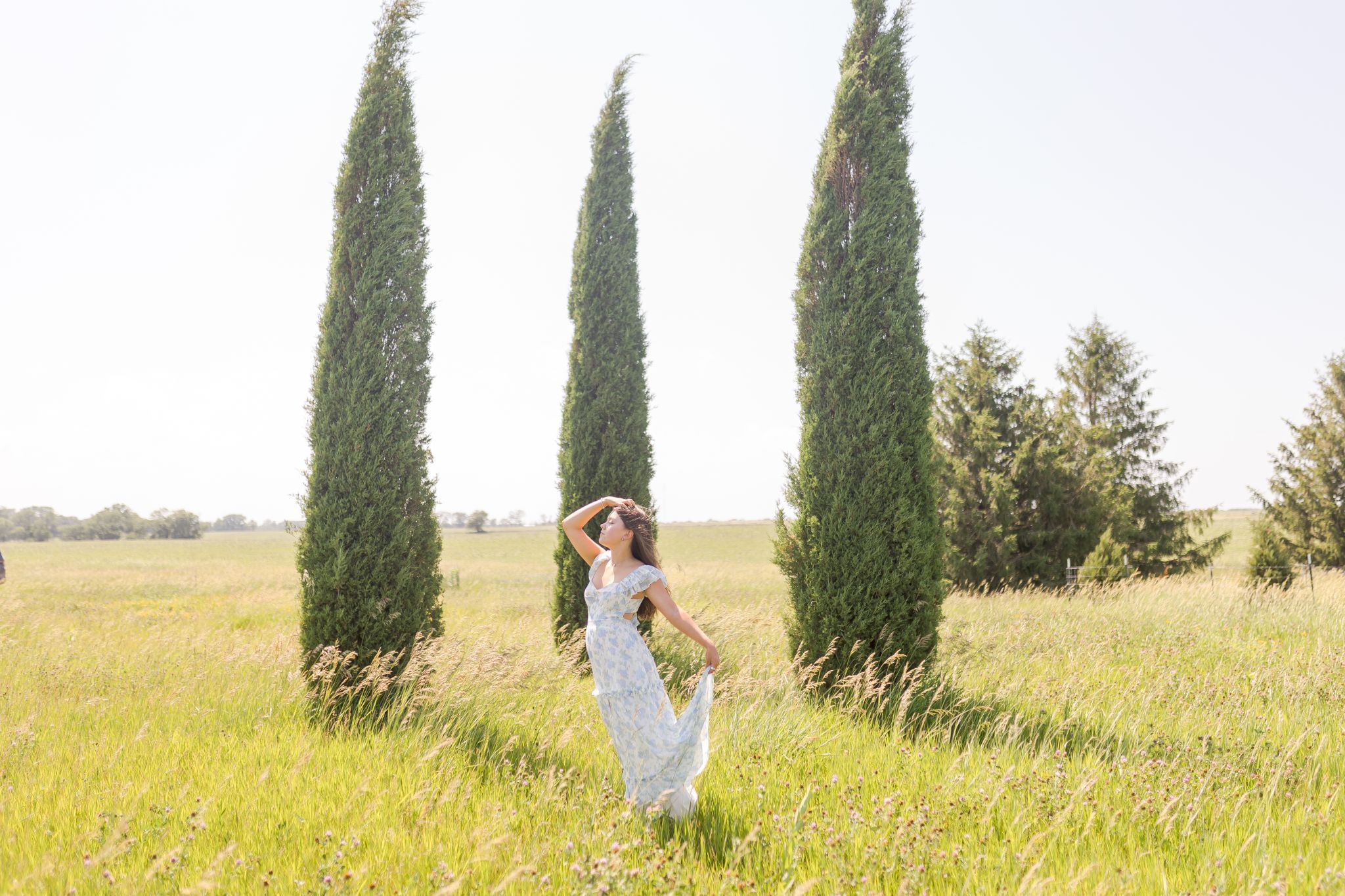 Woman in blue dress strolling through tall grass beneath cypress trees in a sunny meadow