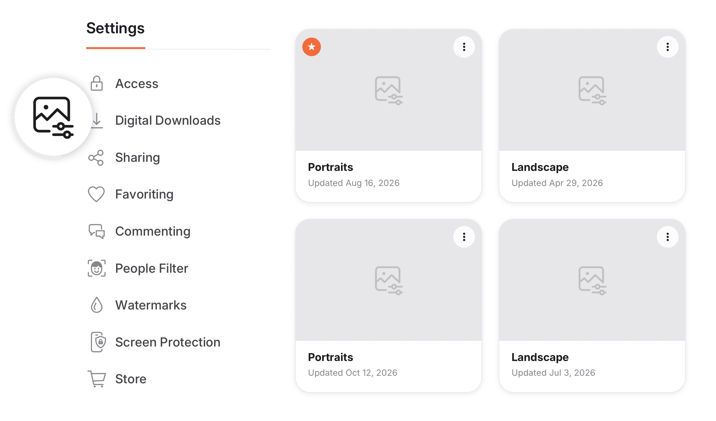 A digital settings interface displays a left-hand navigation menu with options like Access and Digital Downloads alongside a grid of four placeholder image cards labeled Portraits and Landscape with their respective update dates.
