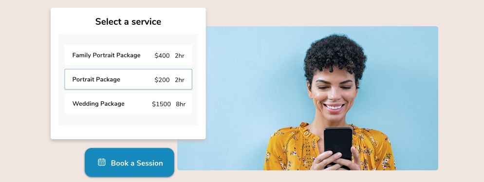 happy woman holding mobile phone with select a service widget and book a session button