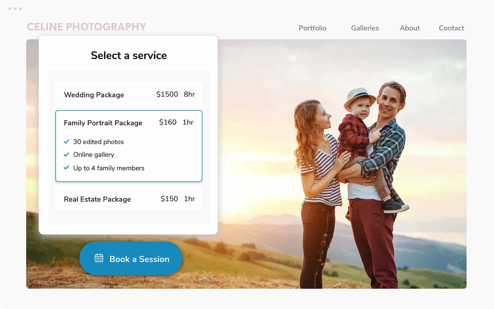 family photo shoot at sunset on a hill with photo session booking widget overlay
